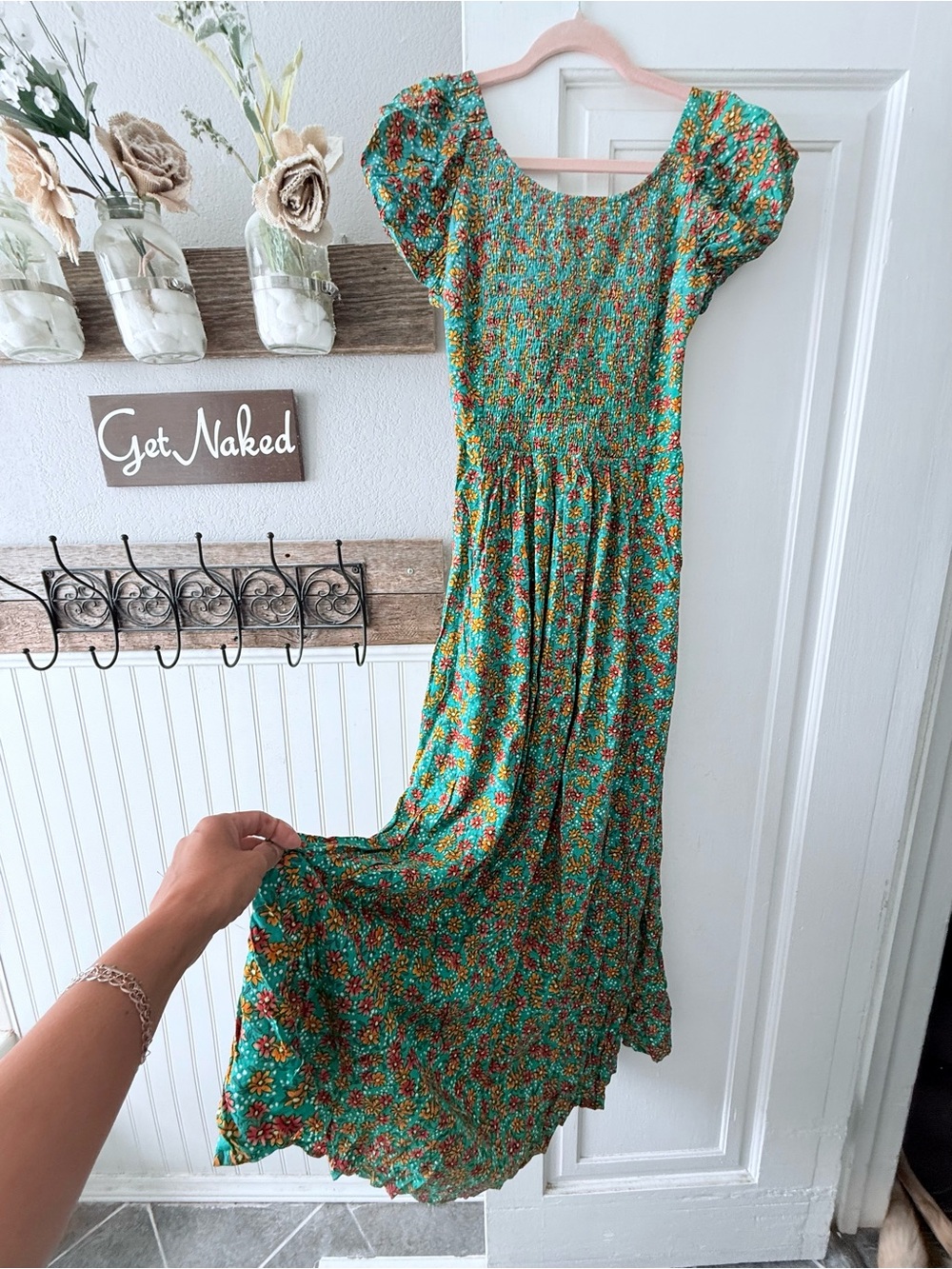 easel Teal Floral Smocked Maxi Dress with Puff Sleeves